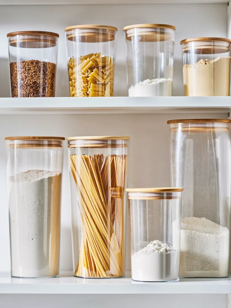 Ripiano di dispensa con contenitori ermetici dai coperchi in bambù per pasta, riso e farina