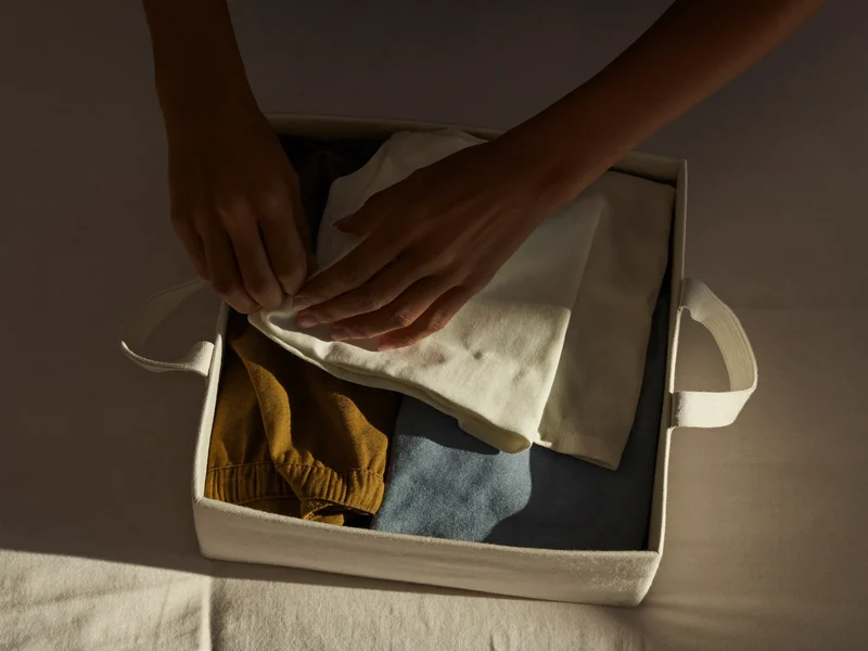 Mani che piegano capi in una scatola contenitore su un letto con lenzuola neutre