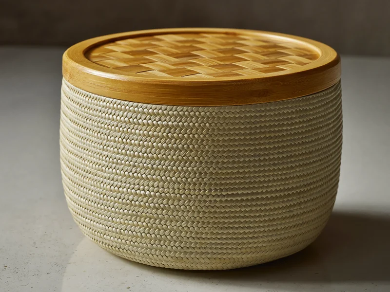 Dettaglio ravvicinato della trama di una cesta intrecciata e del bordo di un coperchio in bambù